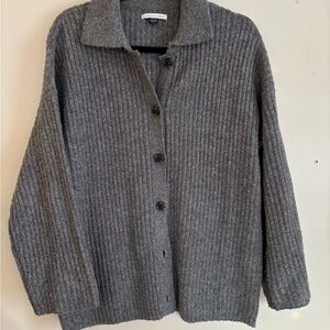 American Eagle Outfitters Gray Ribbed Button-Front Cardigan